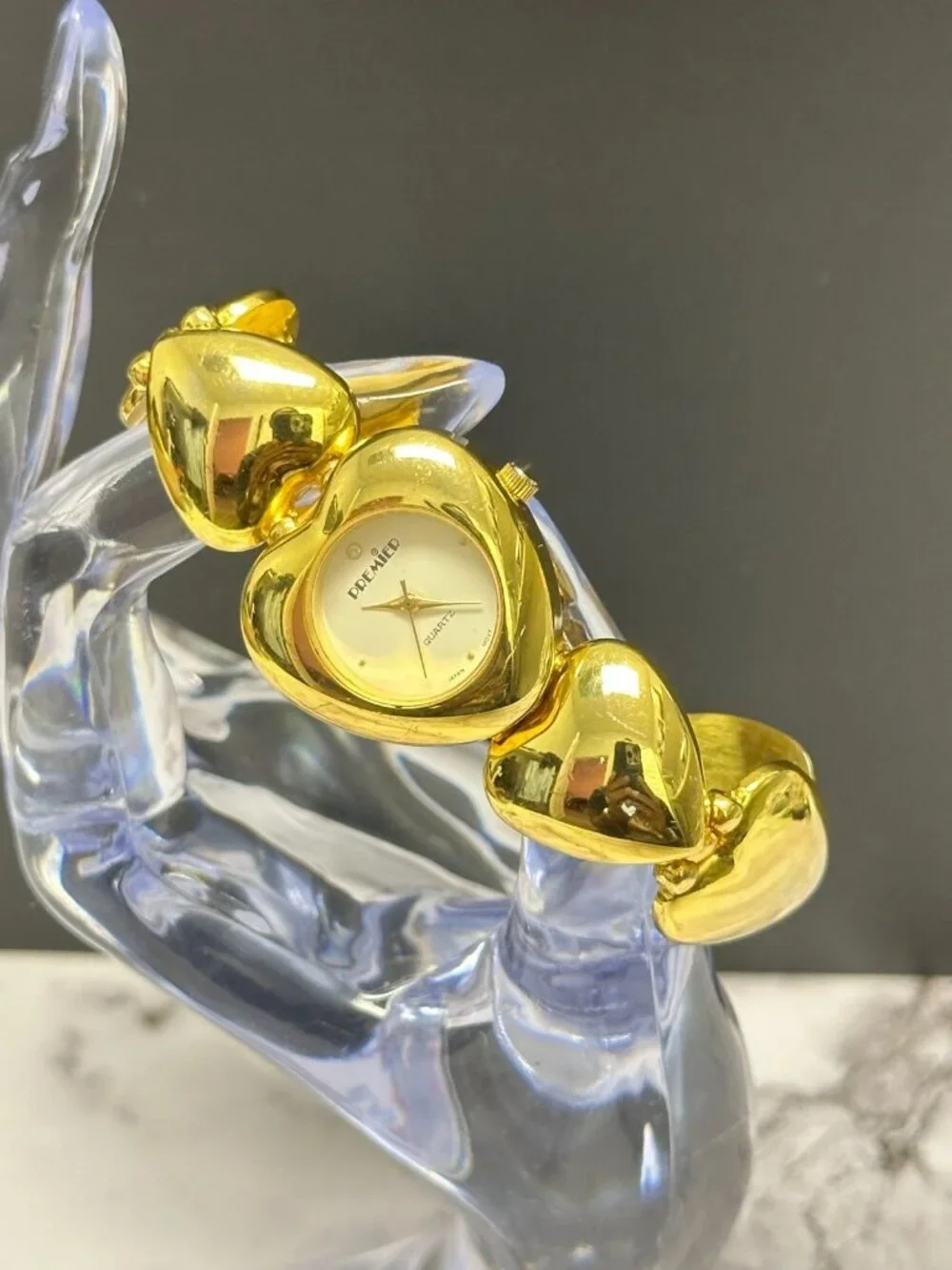 Vintage Heart Watch Women Gold Tone White Dial Chunky Statement 6.75
